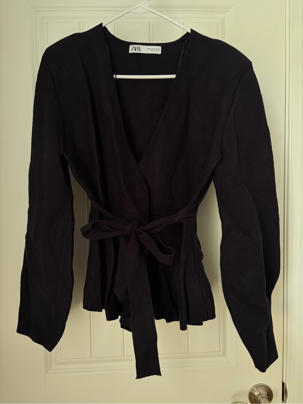 ZARA Navy Wrap Tie Waist Long Sleeve Top sweater blazer